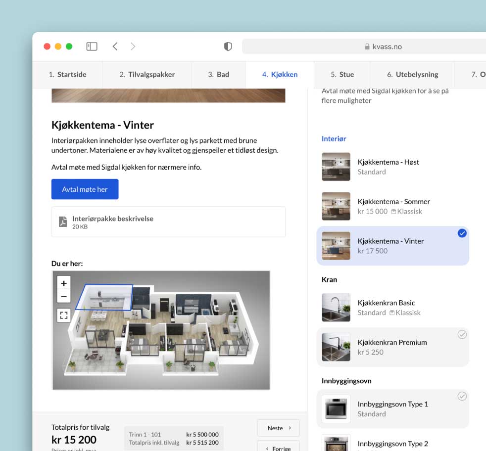 I en tilvalgsportal i Kvass CMS vises en interiørpakke kaldet 'Kjøkkentema - Vinter'. Siden beskriver, at pakken indeholder lyse overflader og lys parket med brune undertoner. Der er en knap til at aftale et møde og en downloadbar fil med beskrivelsen af interiørpakken. En plantegning af en lejlighed vises også sammen med valgmuligheder for forskellige køkkentemaer og tilvalg som vandhaner og indbygningsovne.