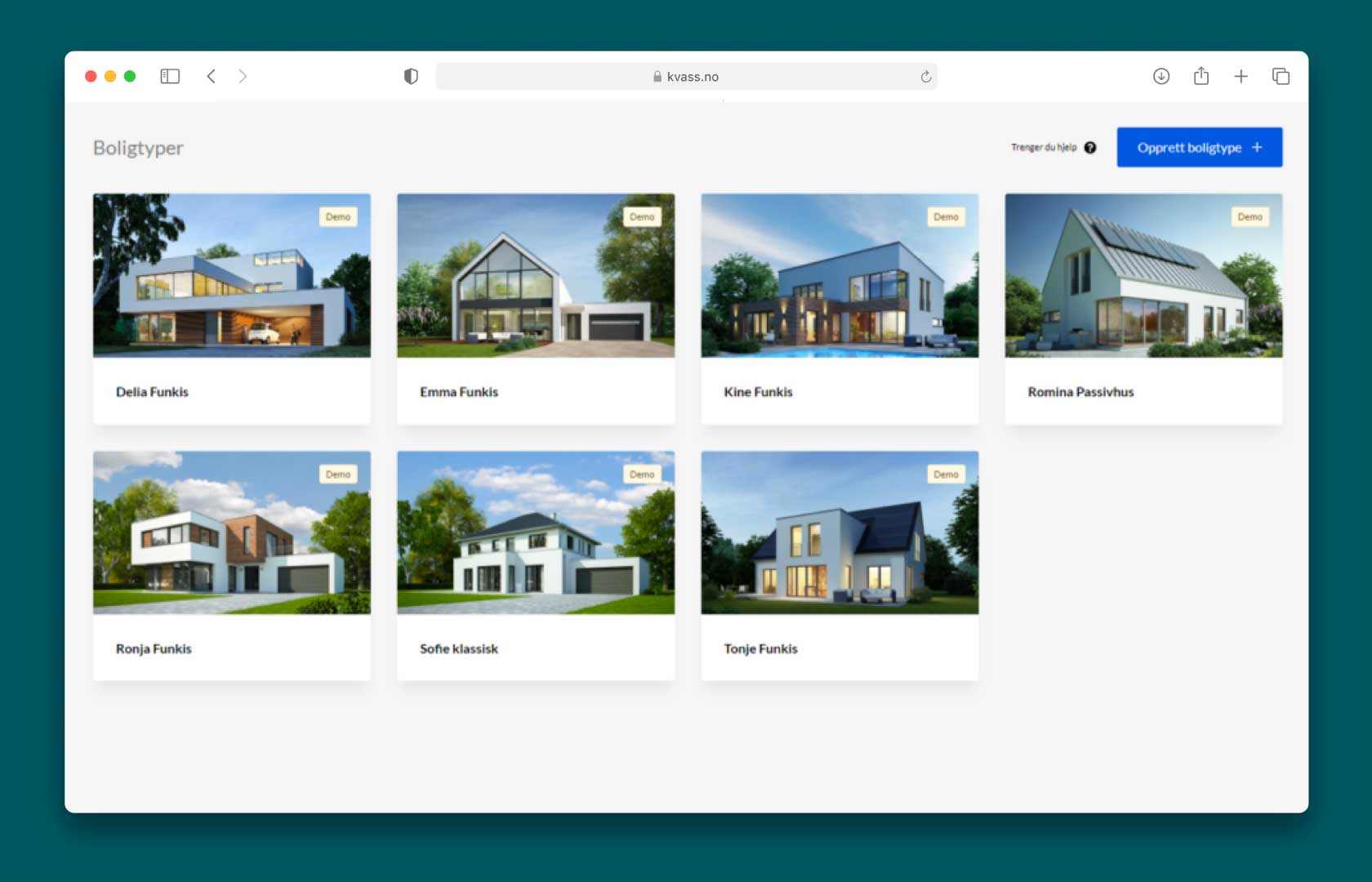 En skærmvisning af Kvass CMS, der viser forskellige boligtyper i en præfabrikeret boligkategori. Hver boligtype er vist med et billede og en titel. En knap til at oprette en ny boligtype er synlig øverst til højre.